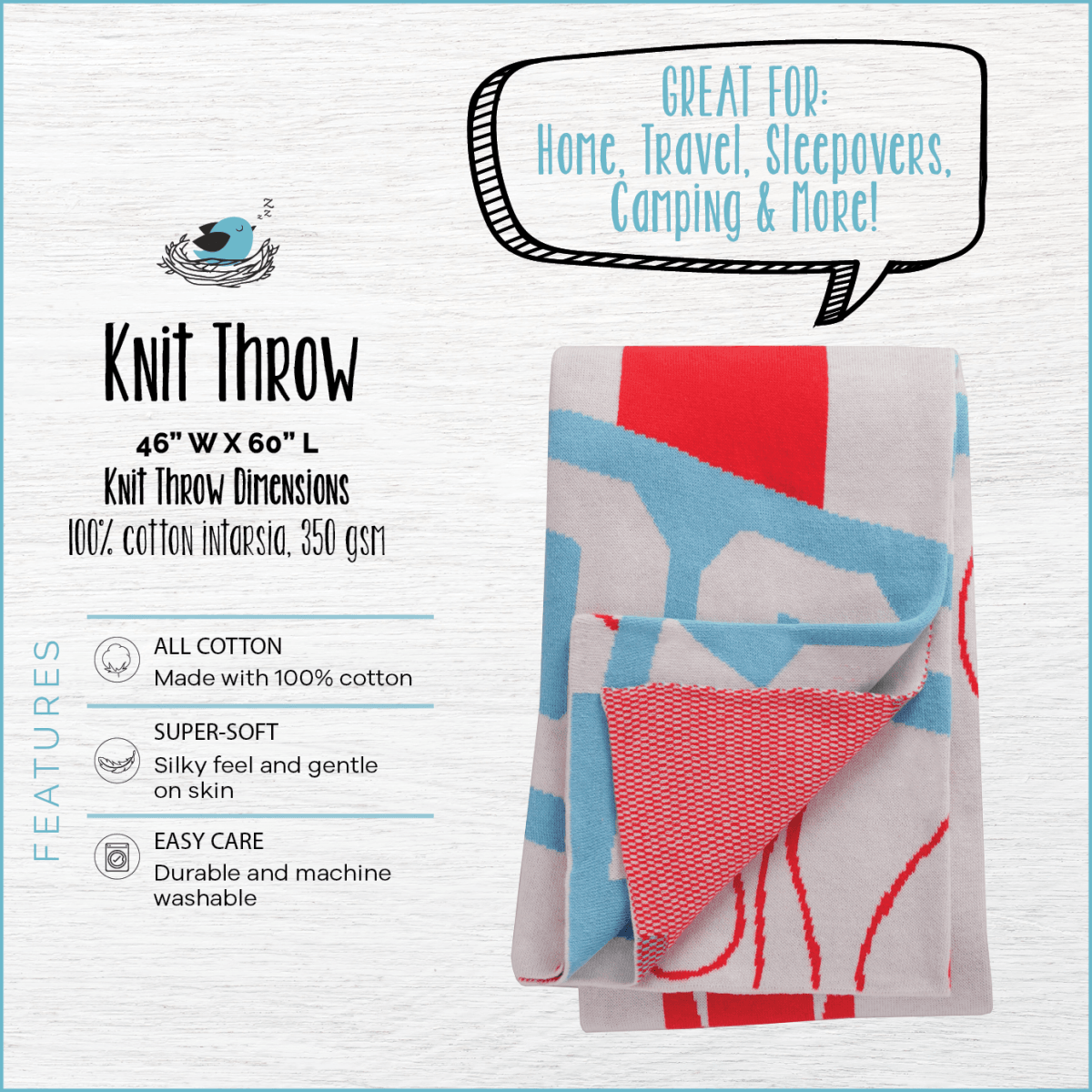Hot Wheels™ Knit Throw - 100% Cotton - Childrens Bedding, Kids Bedding, Morning Bird Bed & Bath